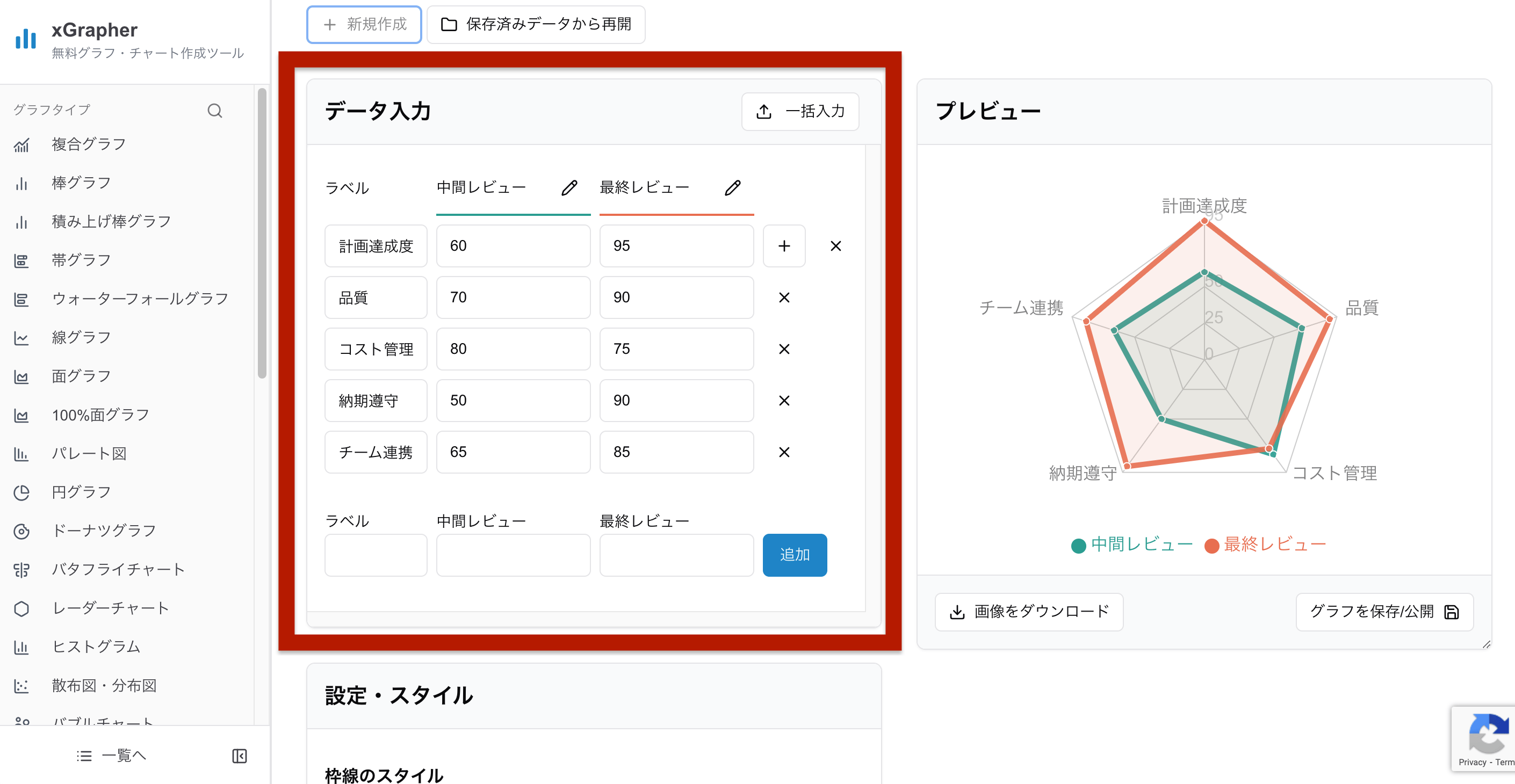xGrapherのデータ入力欄